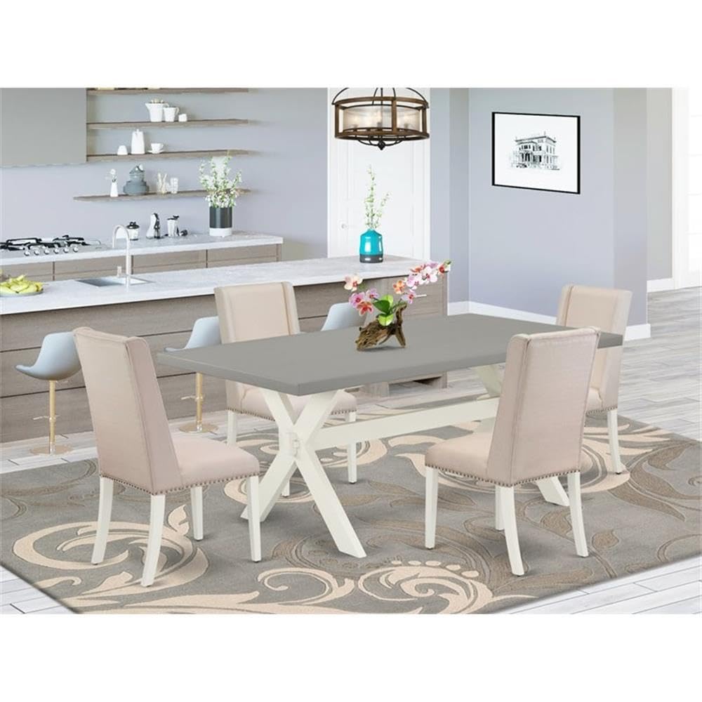 East West Furniture X097Fl201-5 5 Piece Modern Dining Table Set Includes A Rectangle Wooden Table With X-Legs And 4 Cream Linen Fabric Upholstered Chairs, 40X72 Inch, Multi-Color